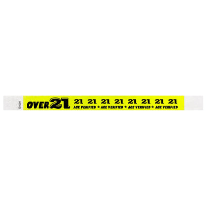 Neon Yellow Wristband with text "Over 21" and "Age verified" repeated on the band - shown in flat 