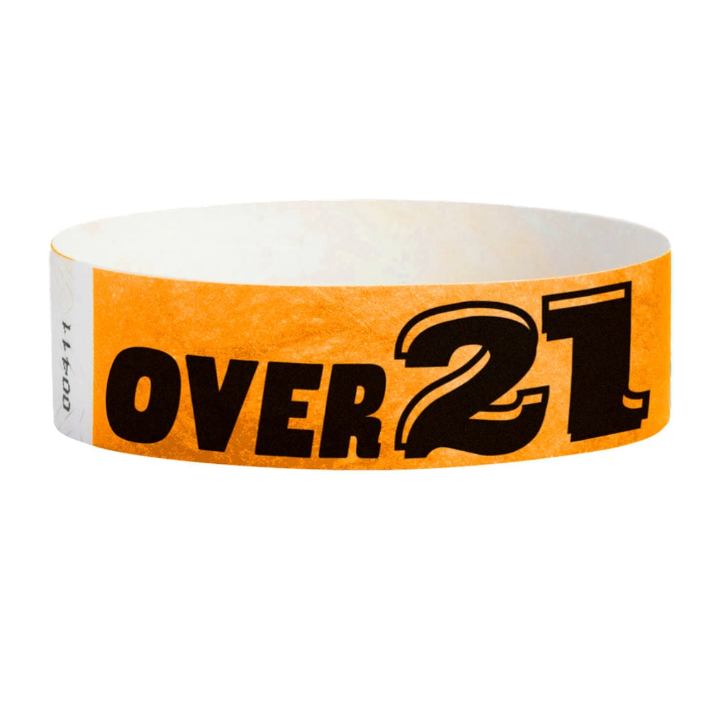 Neon Orange wristband with text "Over 21" in black - shown in round 