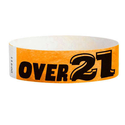 Neon Orange wristband with text "Over 21" in black - shown in round 