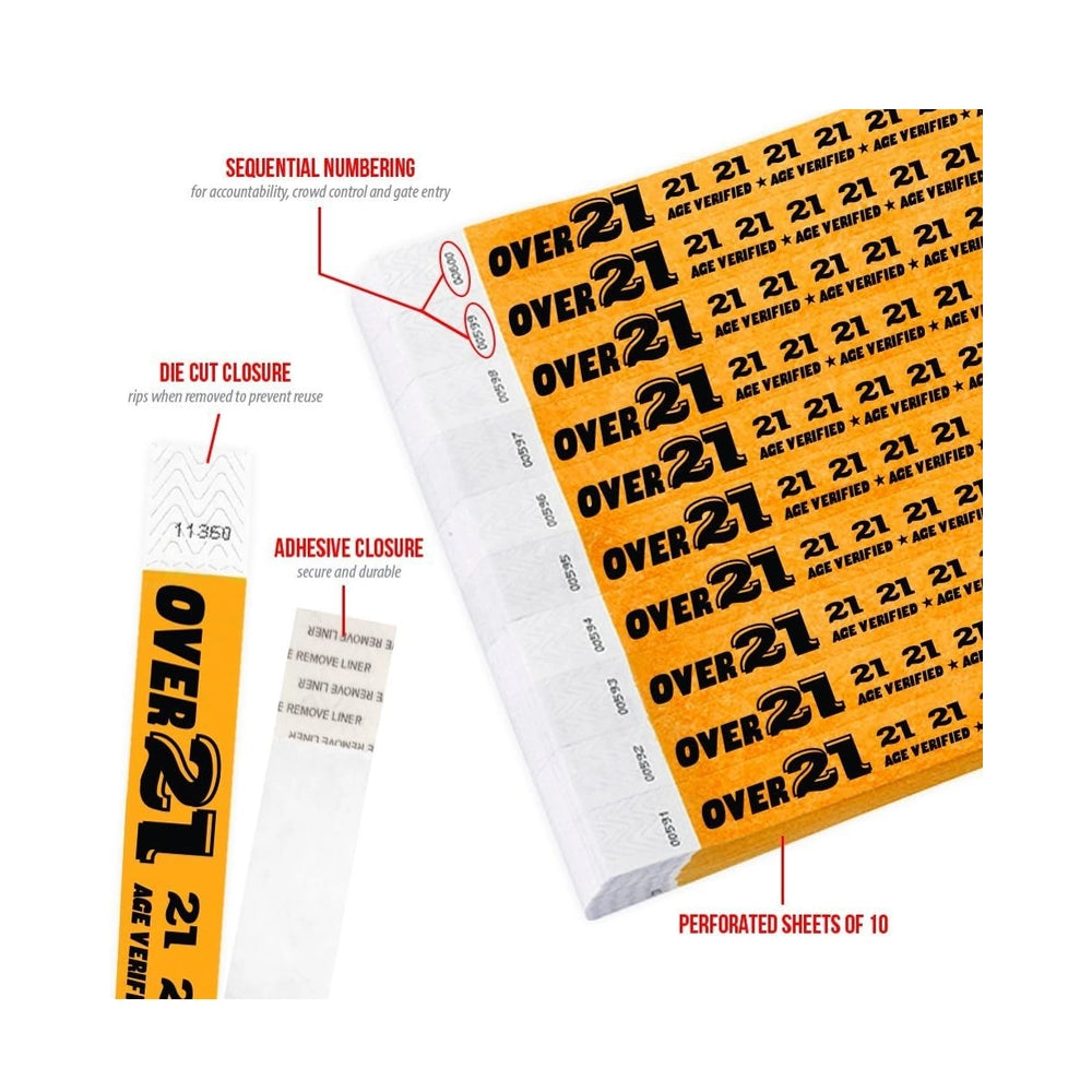 Wristband Over 21 Age verified Specifications sheet showing numbering, die cut closure, adhesive closure and perforated sheet of 10 - in orange