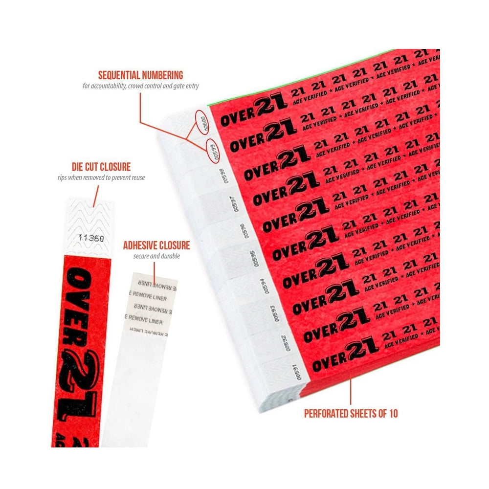 Wristband Over 21 Age verified Specifications sheet showing numbering, die cut closure, adhesive closure and perforated sheet of 10 - in red 