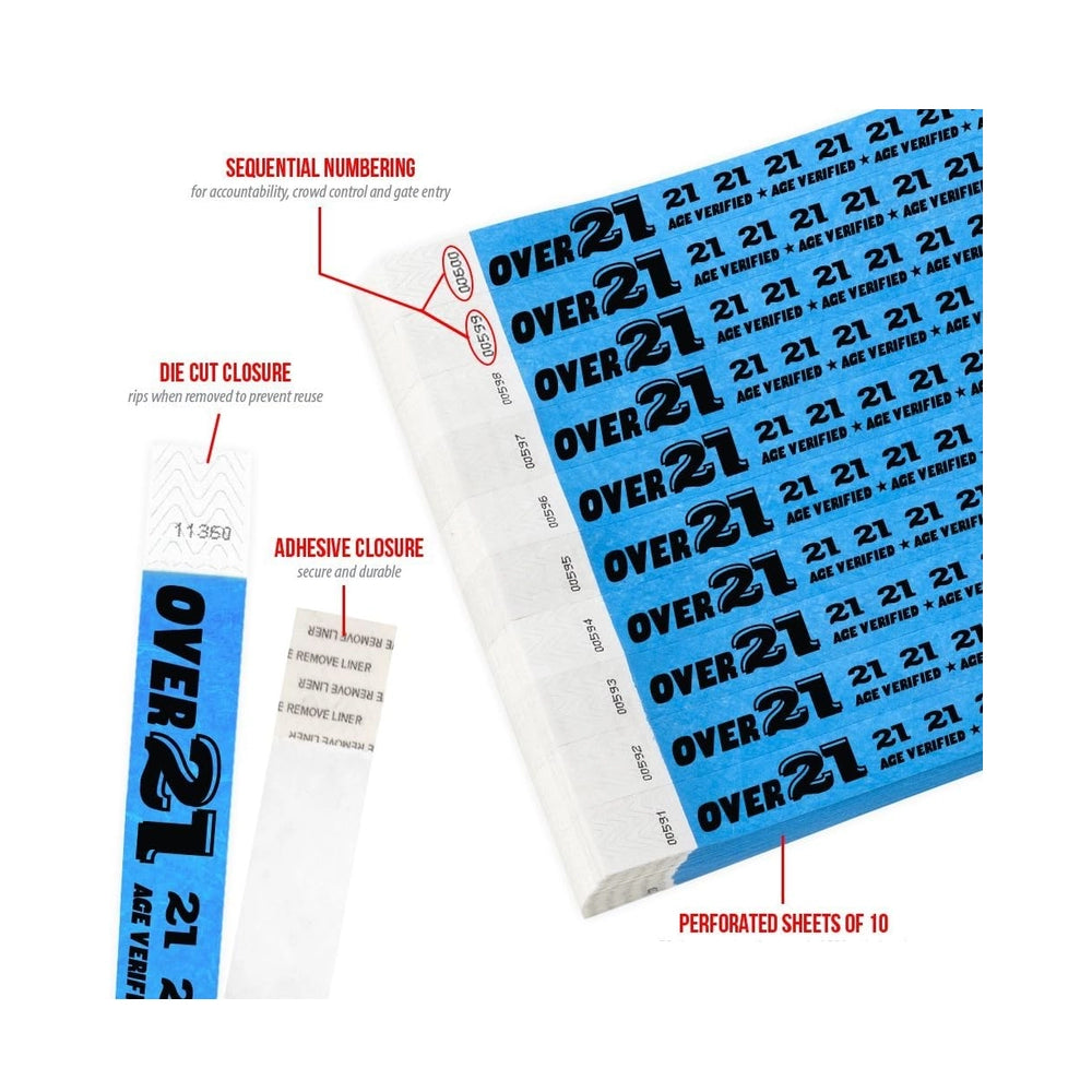Wristband Over 21 Age verified Specifications sheet showing numbering, die cut closure, adhesive closure and perforated sheet of 10 - in blue 