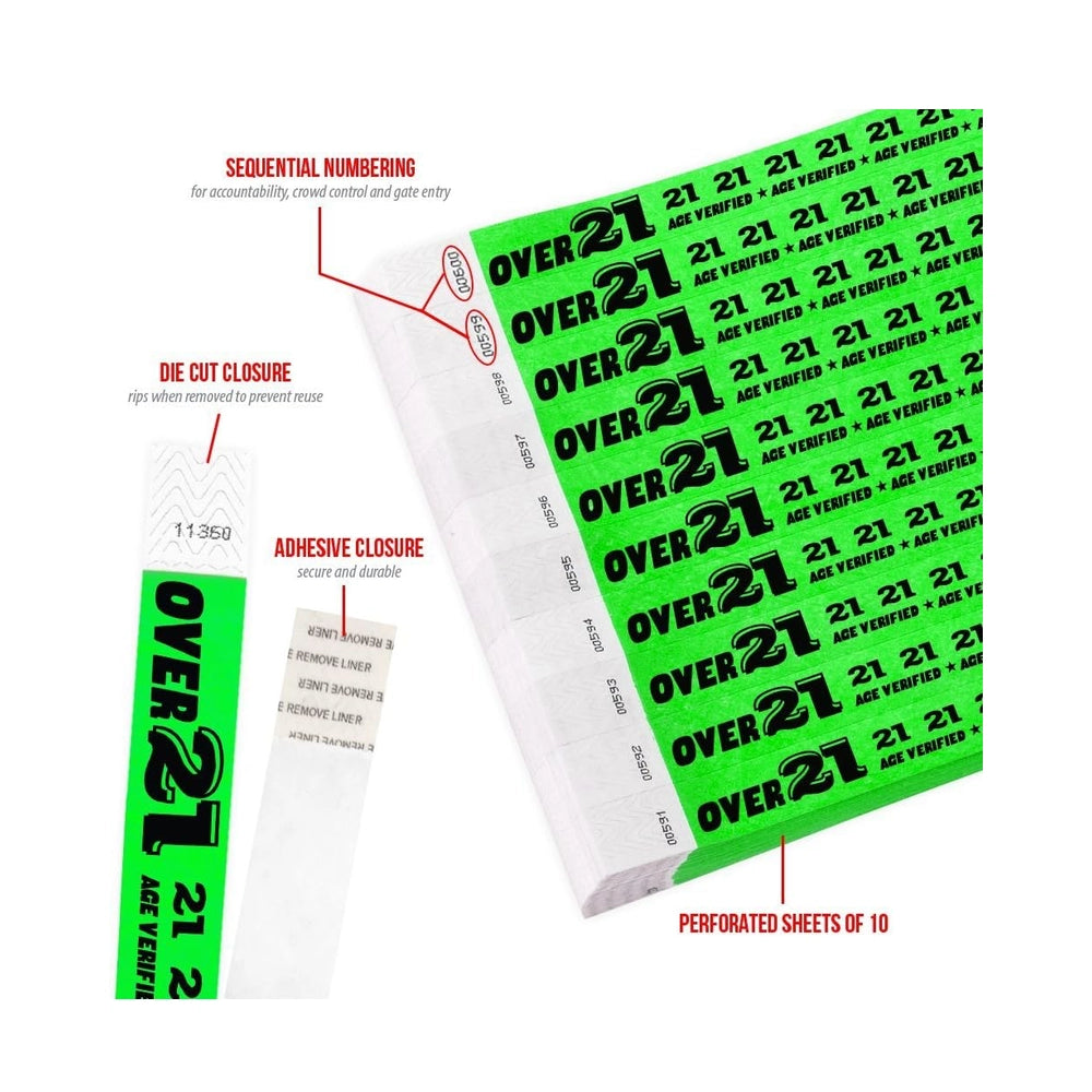 Wristband Over 21 Age verified Specifications sheet showing numbering, die cut closure, adhesive closure and perforated sheet of 10 - in green
