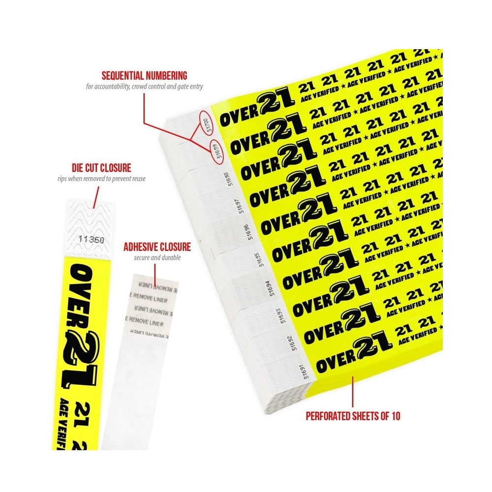 Wristband Over 21 Age verified Specifications sheet showing numbering, die cut closure, adhesive closure and perforated sheet of 10 - in yellow