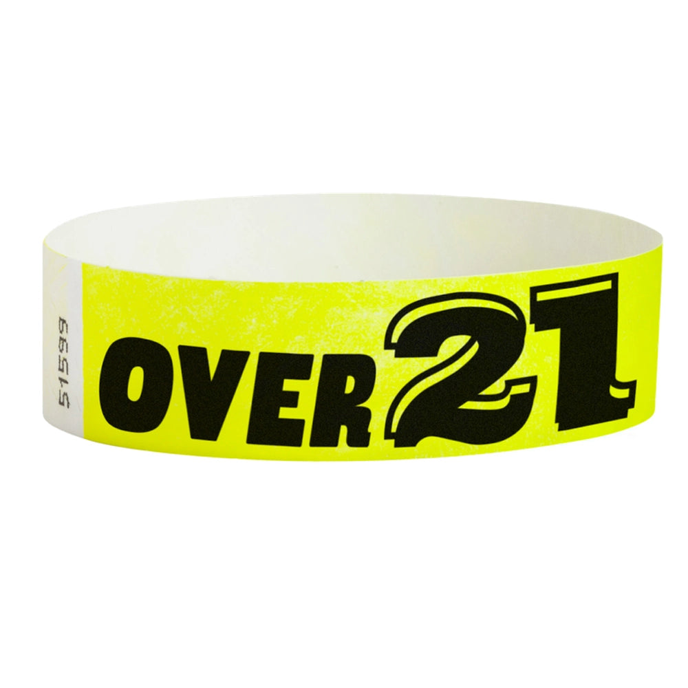 Neon Yellow wristband with text "Over 21" in black - shown in round 
