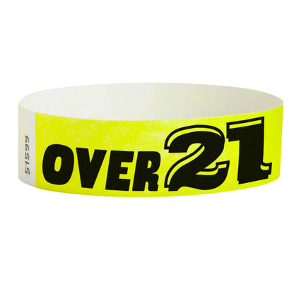 Neon Yellow wristband with text "Over 21" in black - shown in round 