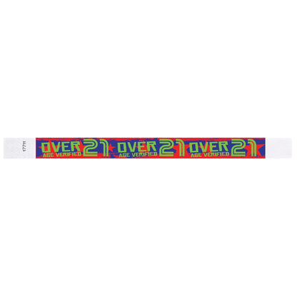 Wristband with a neon blue and neon red pattern with a neon green text "Over 21" and "Age Verified" - shown in round 