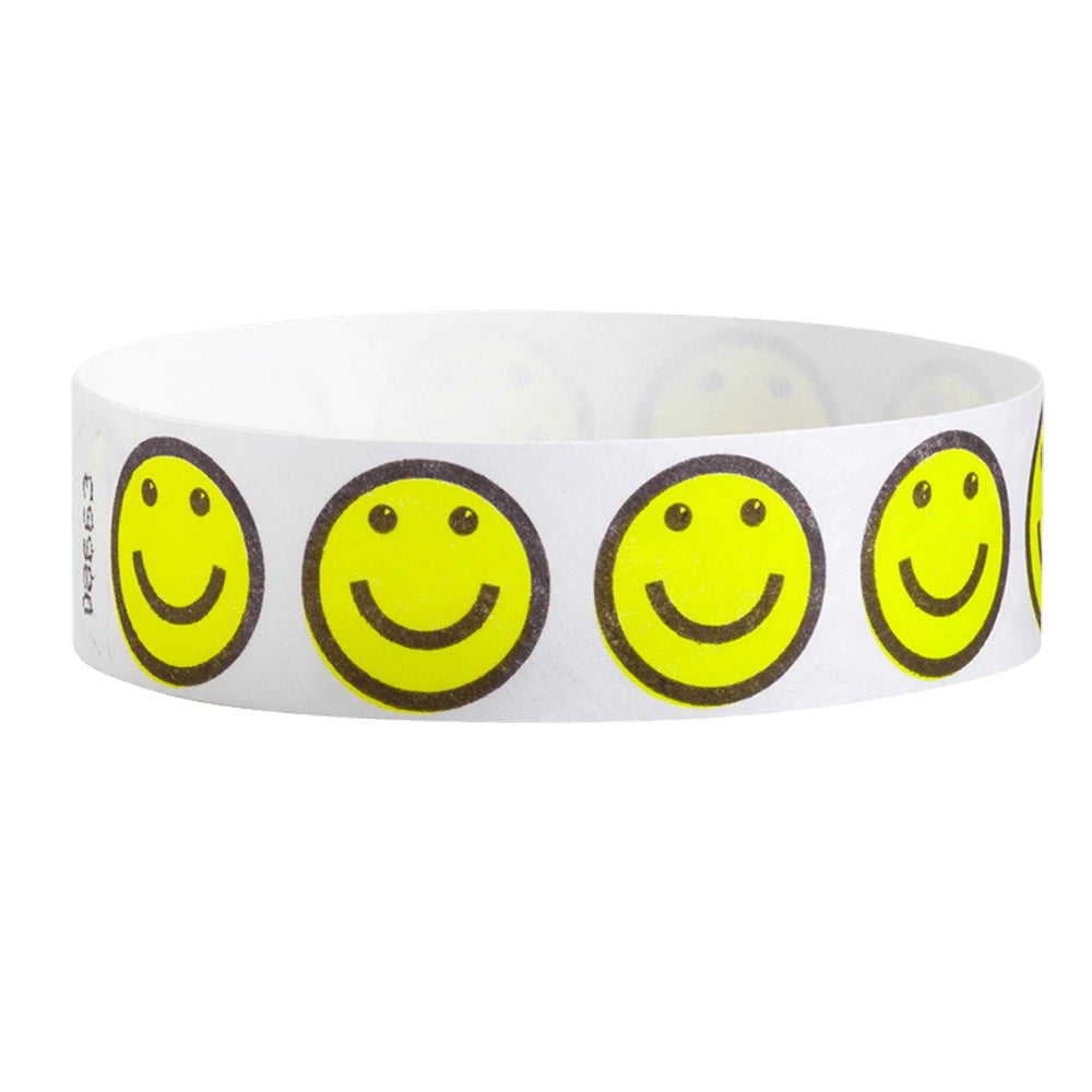 white tyvek Wristband with neon yellow smiley face designs outlined in black - round version shown