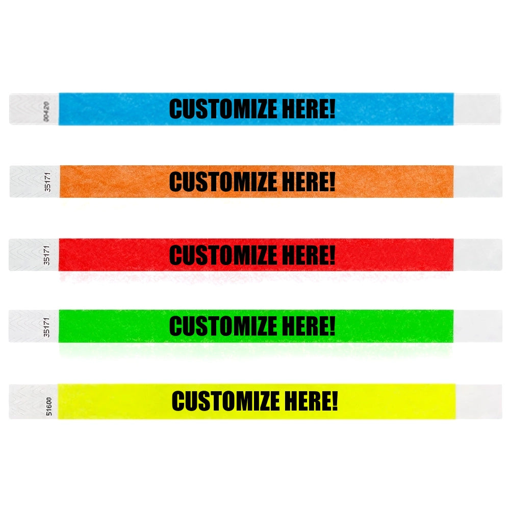 Pack of 5 - Neon blue, neon orange , neon red, neon green and neon yellow tyvek wristband with text "CUSTOMIZE HERE!" - shown in flat 