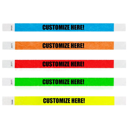 Pack of 5 - Neon blue, neon orange , neon red, neon green and neon yellow tyvek wristband with text "CUSTOMIZE HERE!" - shown in flat 