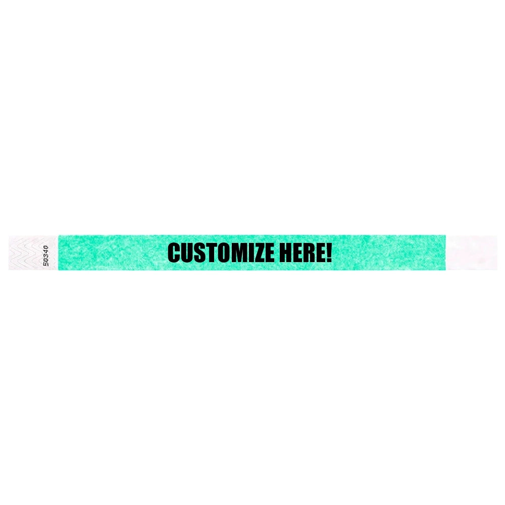 aqau tyvek wristband with text "CUSTOMIZE HERE!" - shown in flat 