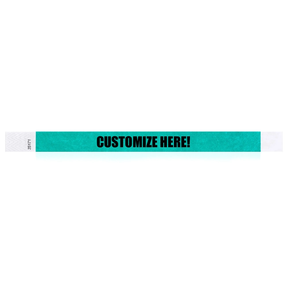 Caribbean blue tyvek wristband with text "CUSTOMIZE HERE!" - shown in flat 