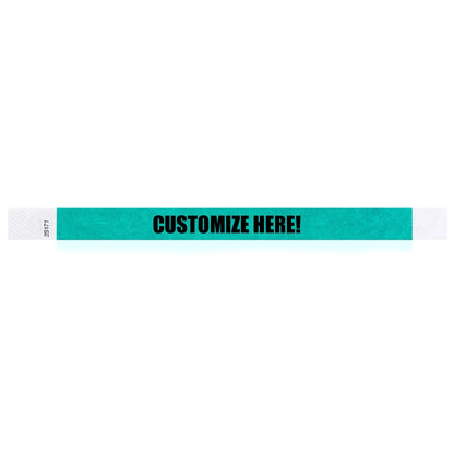 Caribbean blue tyvek wristband with text "CUSTOMIZE HERE!" - shown in flat 