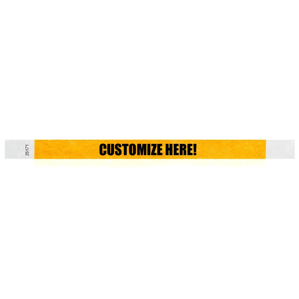 goldenrod tyvek wristband with text "CUSTOMIZE HERE!" - shown in flat 