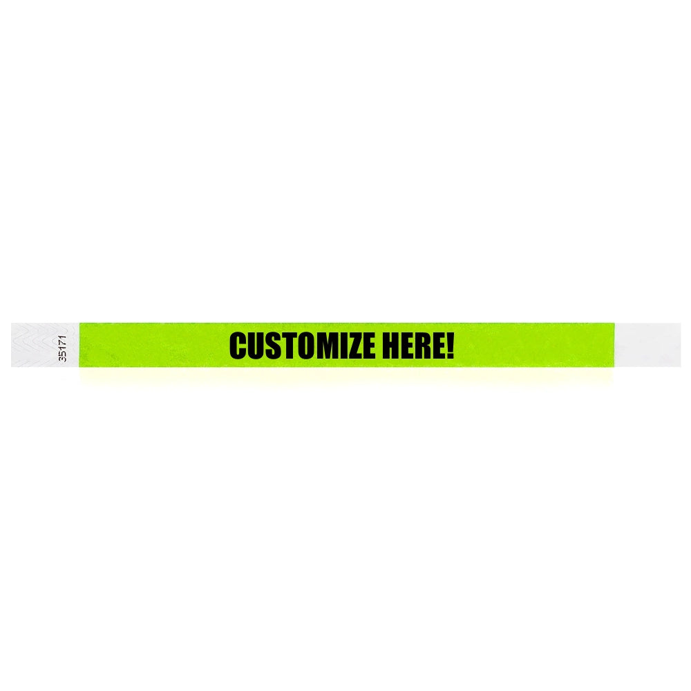 Lime green tyvek wristband with text "CUSTOMIZE HERE!" - shown in flat 