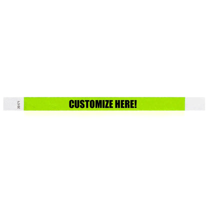 Lime green tyvek wristband with text "CUSTOMIZE HERE!" - shown in flat 