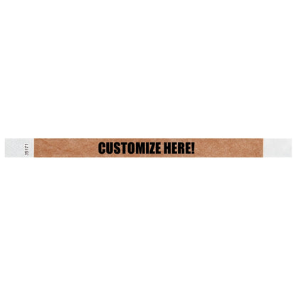 mocha tyvek wristband with text "CUSTOMIZE HERE!" - shown in flat 