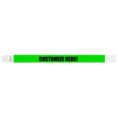 neon green tyvek wristband with text "CUSTOMIZE HERE!" - shown in flat 