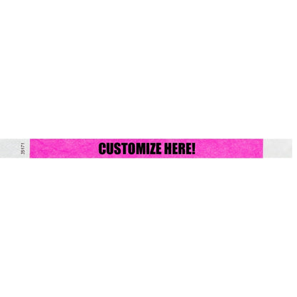 Neon pink tyvek wristband with text "CUSTOMIZE HERE!" - shown in flat 
