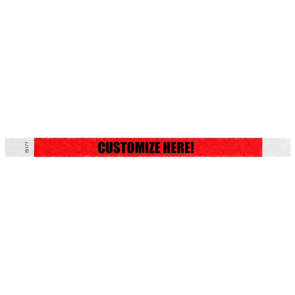 neon red tyvek wristband with text "CUSTOMIZE HERE!" - shown in flat 