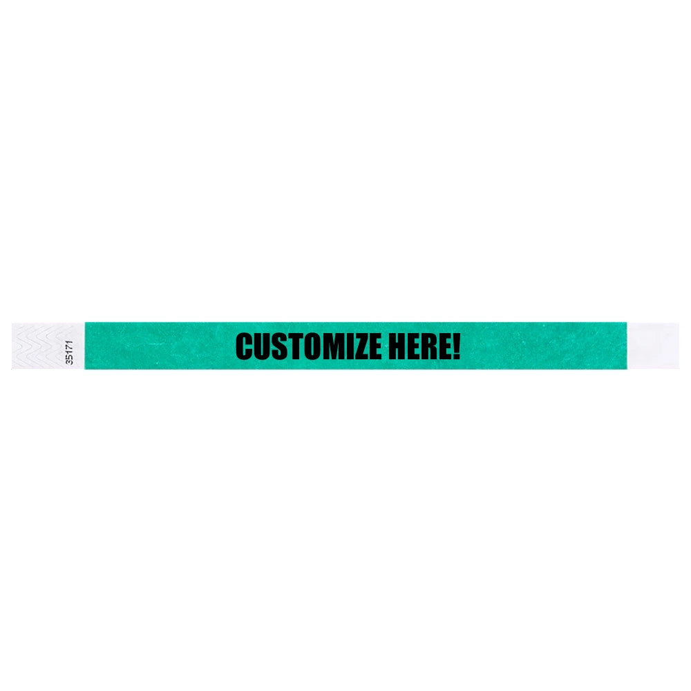 Pantone green tyvek wristband with text "CUSTOMIZE HERE!" - shown in flat 