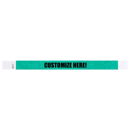 Pantone green tyvek wristband with text "CUSTOMIZE HERE!" - shown in flat 