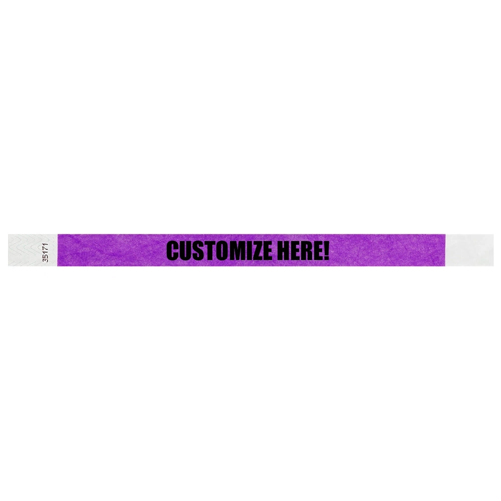 Pantone Purple tyvek wristband with text "CUSTOMIZE HERE!" - shown in flat 