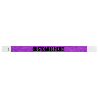Pantone Purple tyvek wristband with text "CUSTOMIZE HERE!" - shown in flat 