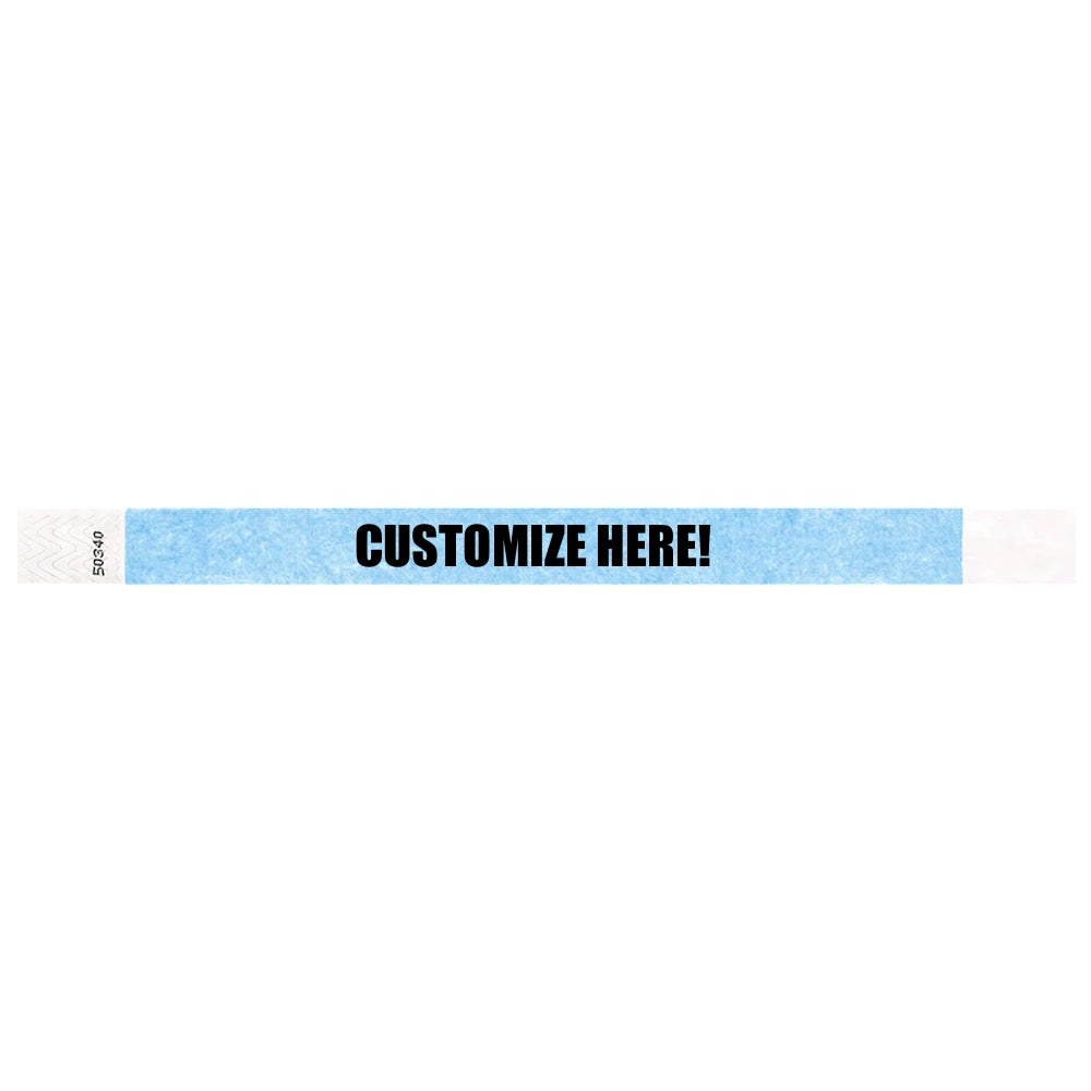 sky blue tyvek wristband with text "CUSTOMIZE HERE!" - shown in flat 