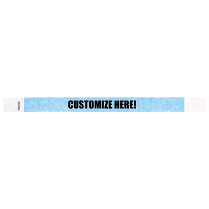 sky blue tyvek wristband with text "CUSTOMIZE HERE!" - shown in flat 