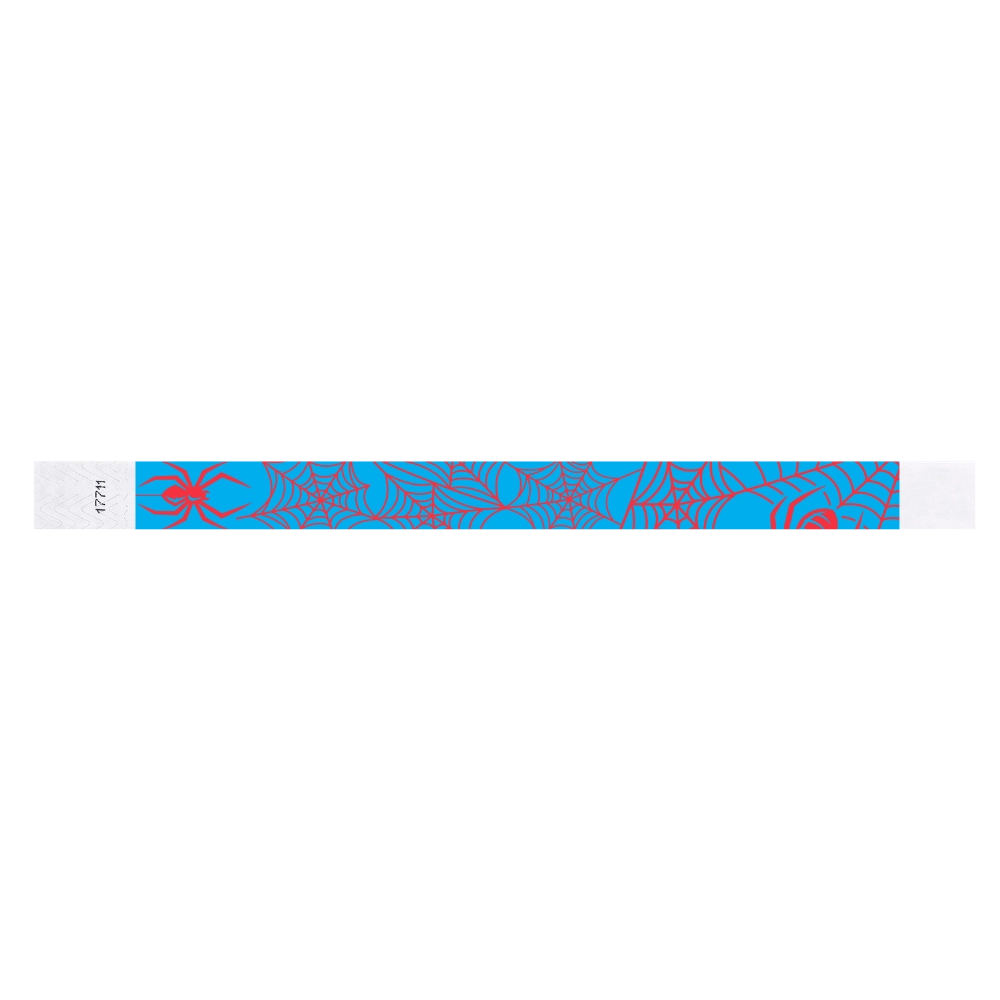 tyvek 3/4" neon blue wristband with neon red spiders and spider webs