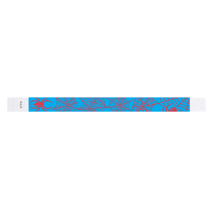 tyvek 3/4" neon blue wristband with neon red spiders and spider webs