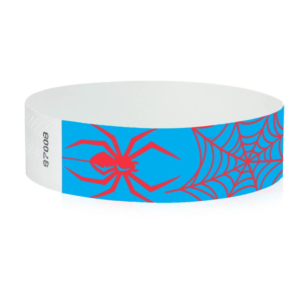 tyvek 3/4" neon blue wristband with neon red spiders and spider webs