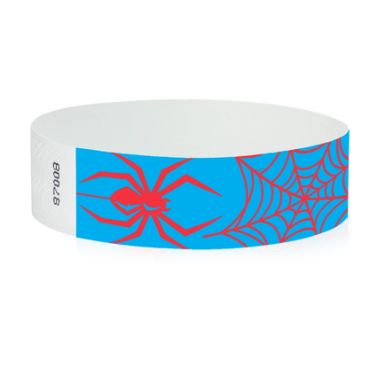 tyvek 3/4" neon blue wristband with neon red spiders and spider webs
