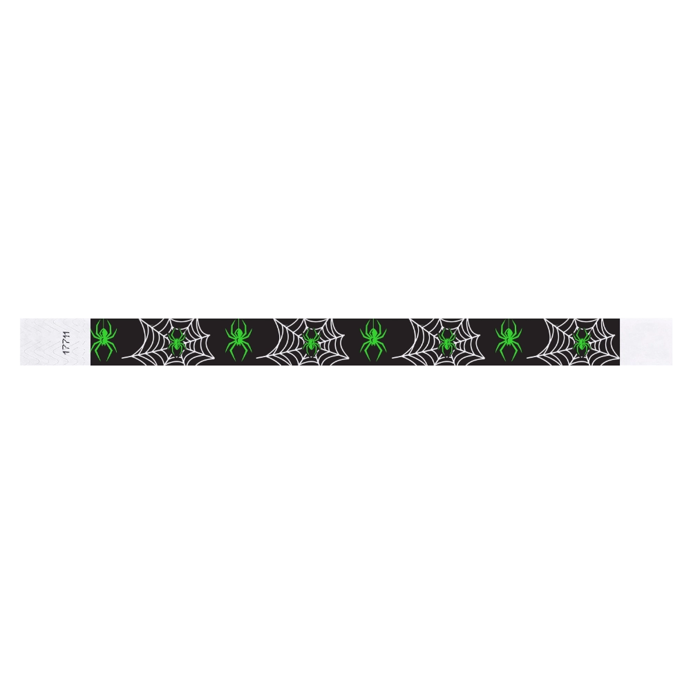 tyvek 3/4" black wristband with white spider webs and neon green spiders