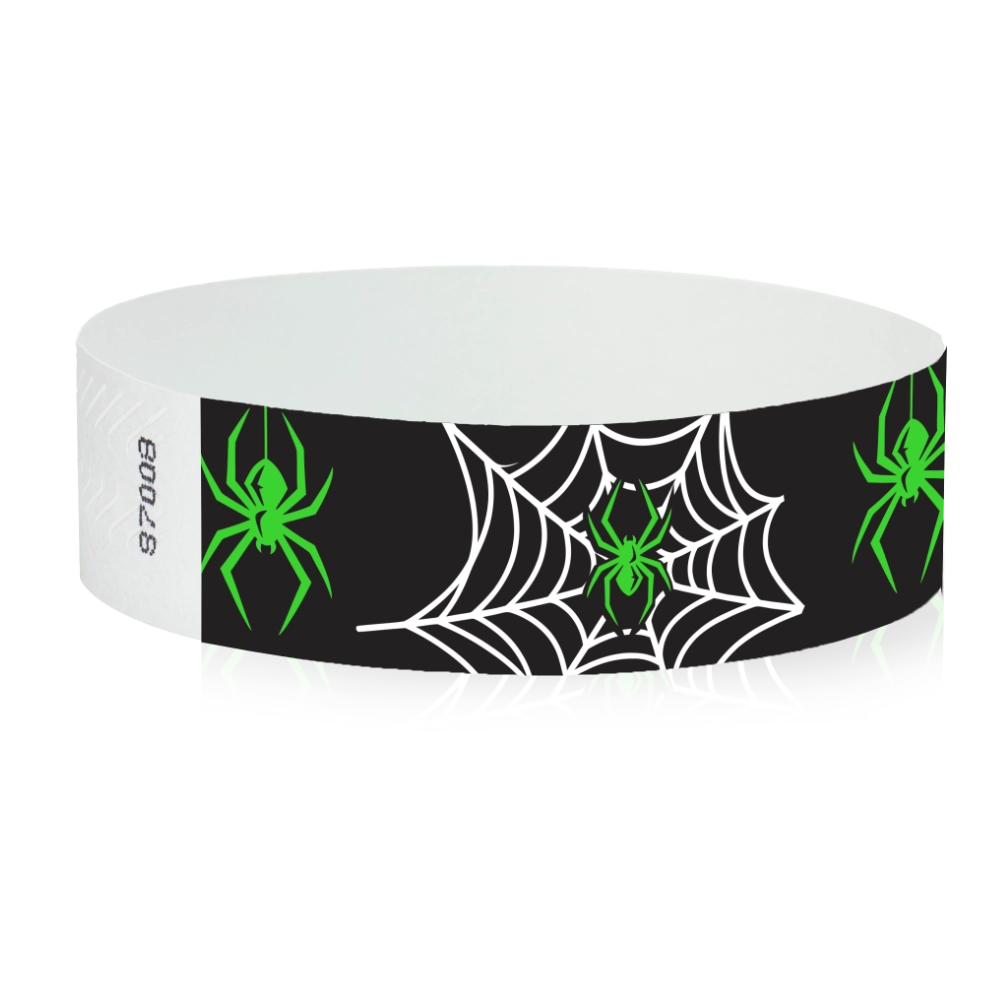 tyvek 3/4" black wristband with white spider webs and neon green spiders