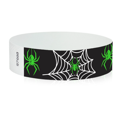 tyvek 3/4" black wristband with white spider webs and neon green spiders