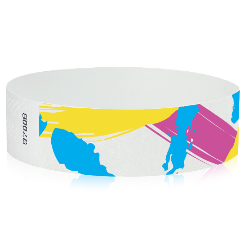 neon blue, neon yellow and neon pink paint strokes on a white tyvek wristband - round version shown