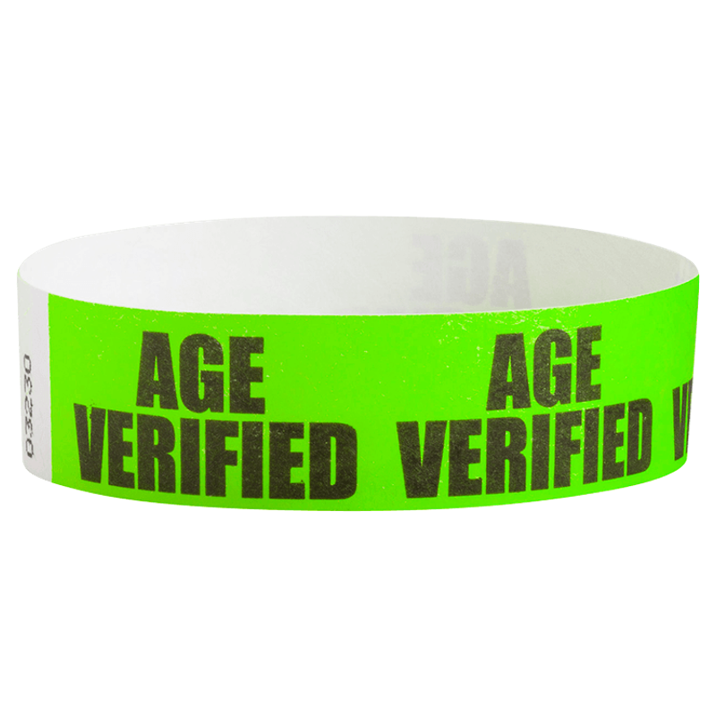 Green wristband with 'AGE VERIFIED' black text on a neon green background