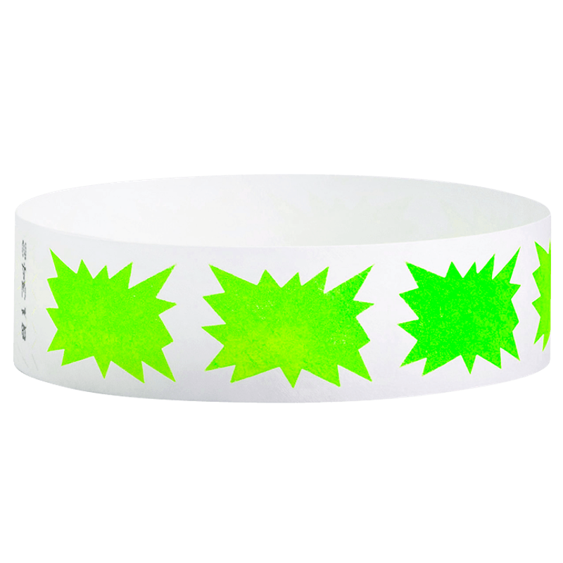 White wristband with green starburst patterns 