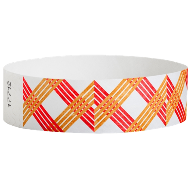 White wristband with red and orange geometric pattern 