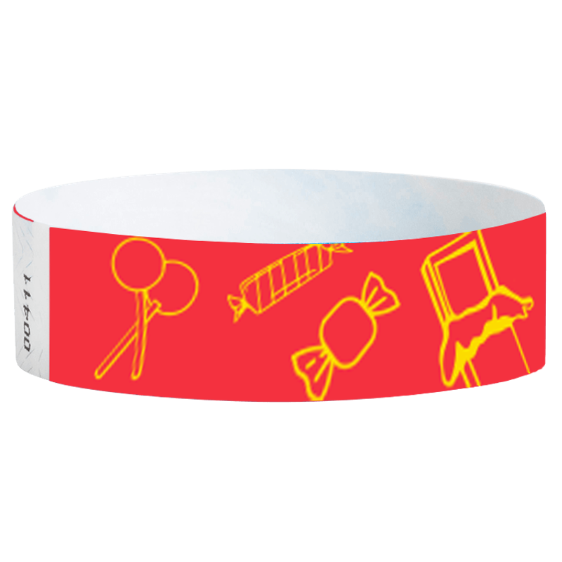 yellow candy pattern on a neon red tyvek wristband - round version shown