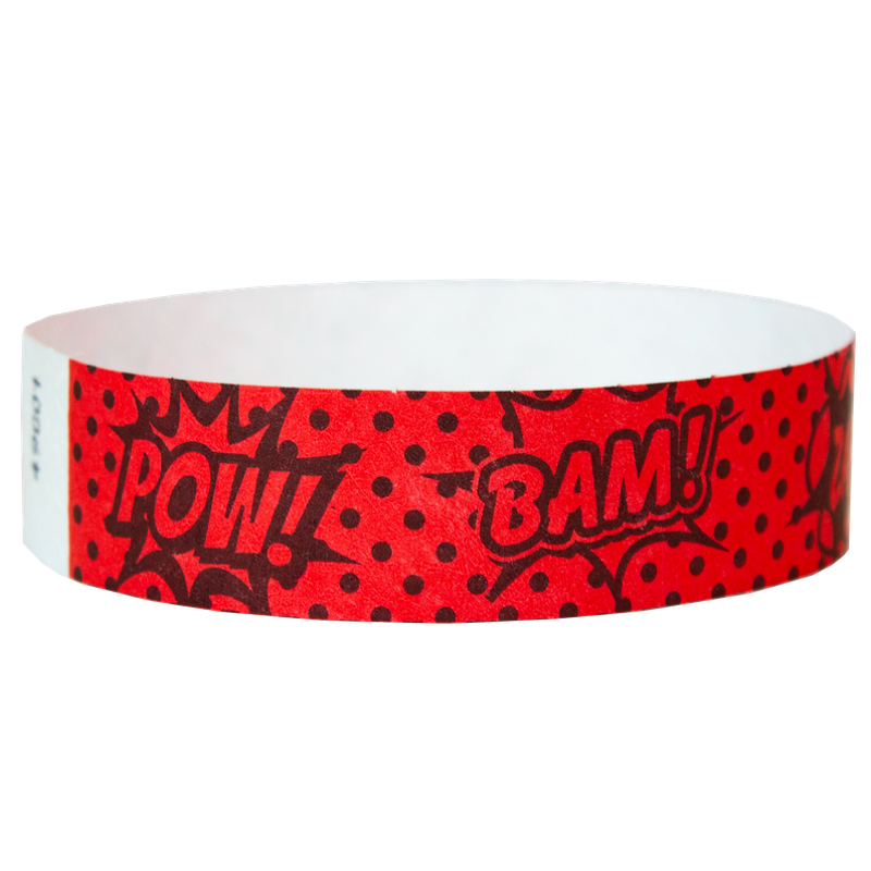  'POW!' and 'BAM!' text in black on a neon red tyvek wristband - round version shown