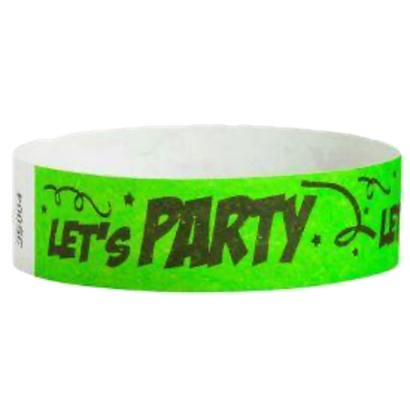 Green wristband with 'Let's Party' text