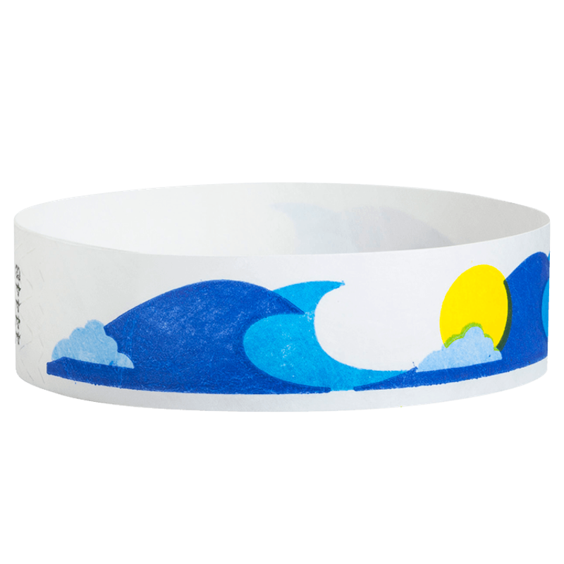White wristband with blue wave and yellow sun design 