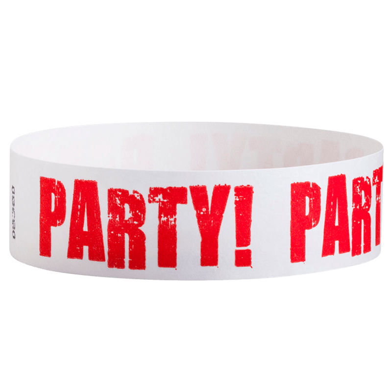 White wristband with red 'PARTY!' text 