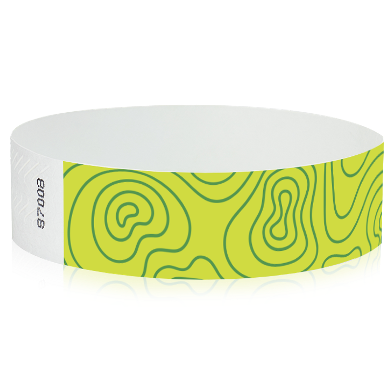 Lime Green wristband with dark green abstract pattern that looks like a topographic map