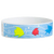 Wristband with colorful fish design in yellow, red & dark blue on a light blue background