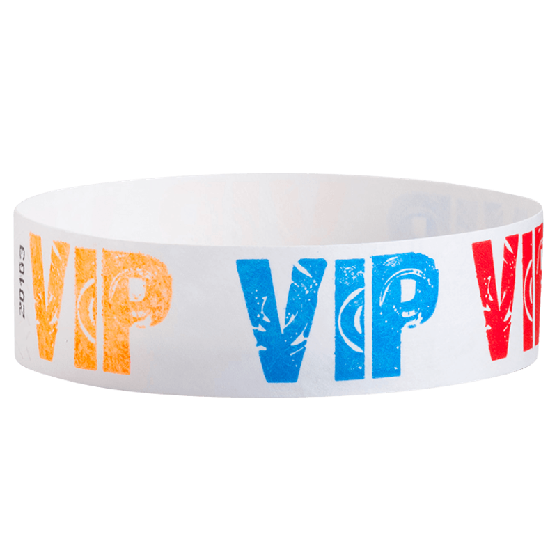 White wristband with colorful 'VIP' text in Neon blue, neon orange and neon red
