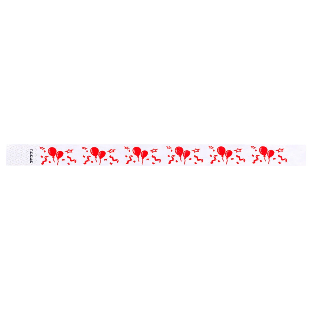 White tyvek wristband with red balloon and star pattern - flat version shown